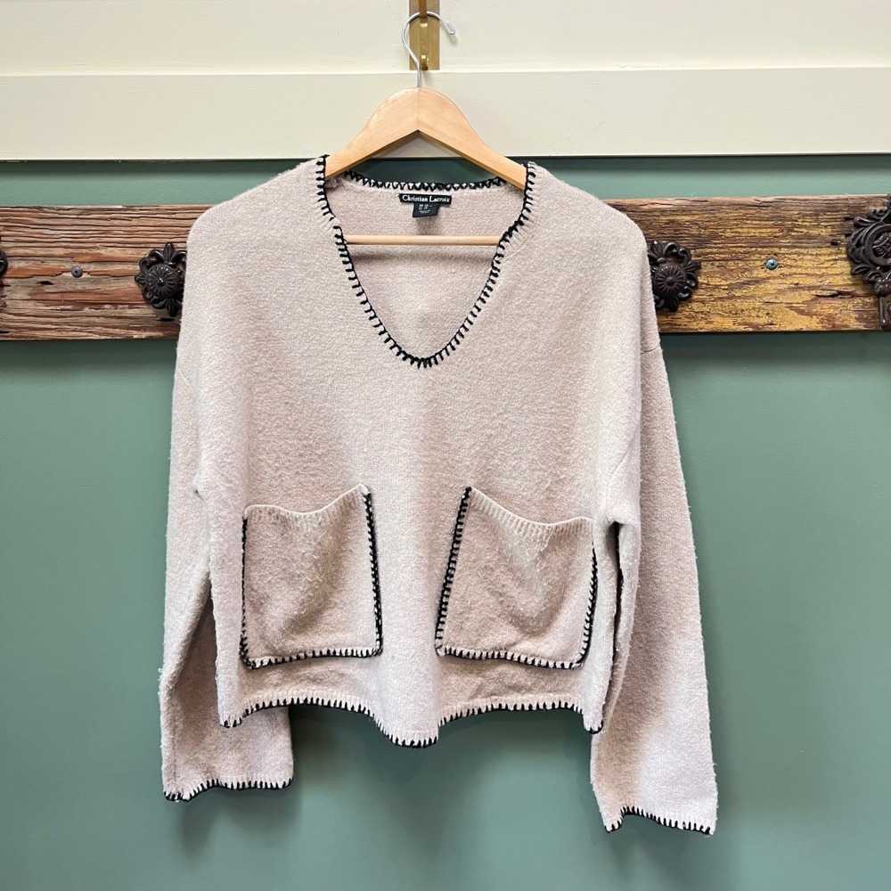 Christian Lacroix Womens XS Beige V-Neck Sweater Black Blanket Stitch Pockets